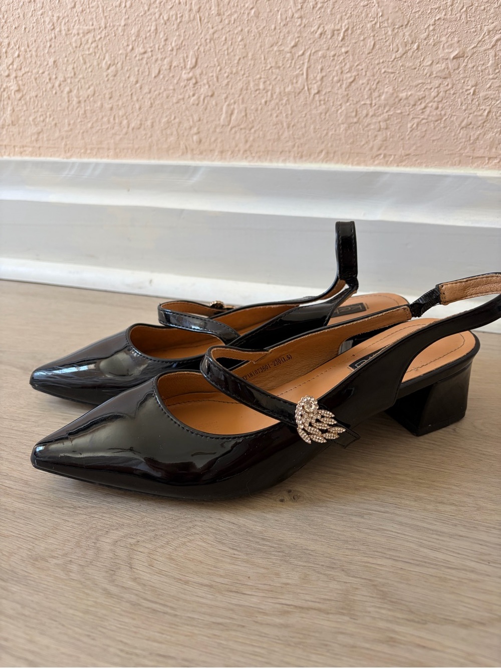Black Patent Slingback Low Block Heel Pumps with Rhinestone Embellishment